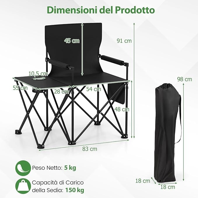Set di 2 Sedia da Campeggio con Tavolino Laterale, Sedia da Picnic Pieghevole con 2 Tasche, Portabicchieri, Braccioli Imbottiti, Borsa da Trasporto, Portata 150 kg (Nero)