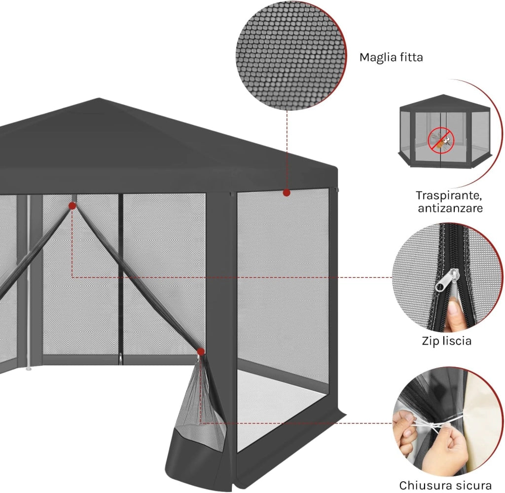 Gazebo da Esterni, Pergolato da Giardino, Gazebo Pieghevole e Impermeabile, con Pareti Laterali a Zanzariera, Esagonale, per Campeggio, Feste, 3,8x3,3m, Grigio