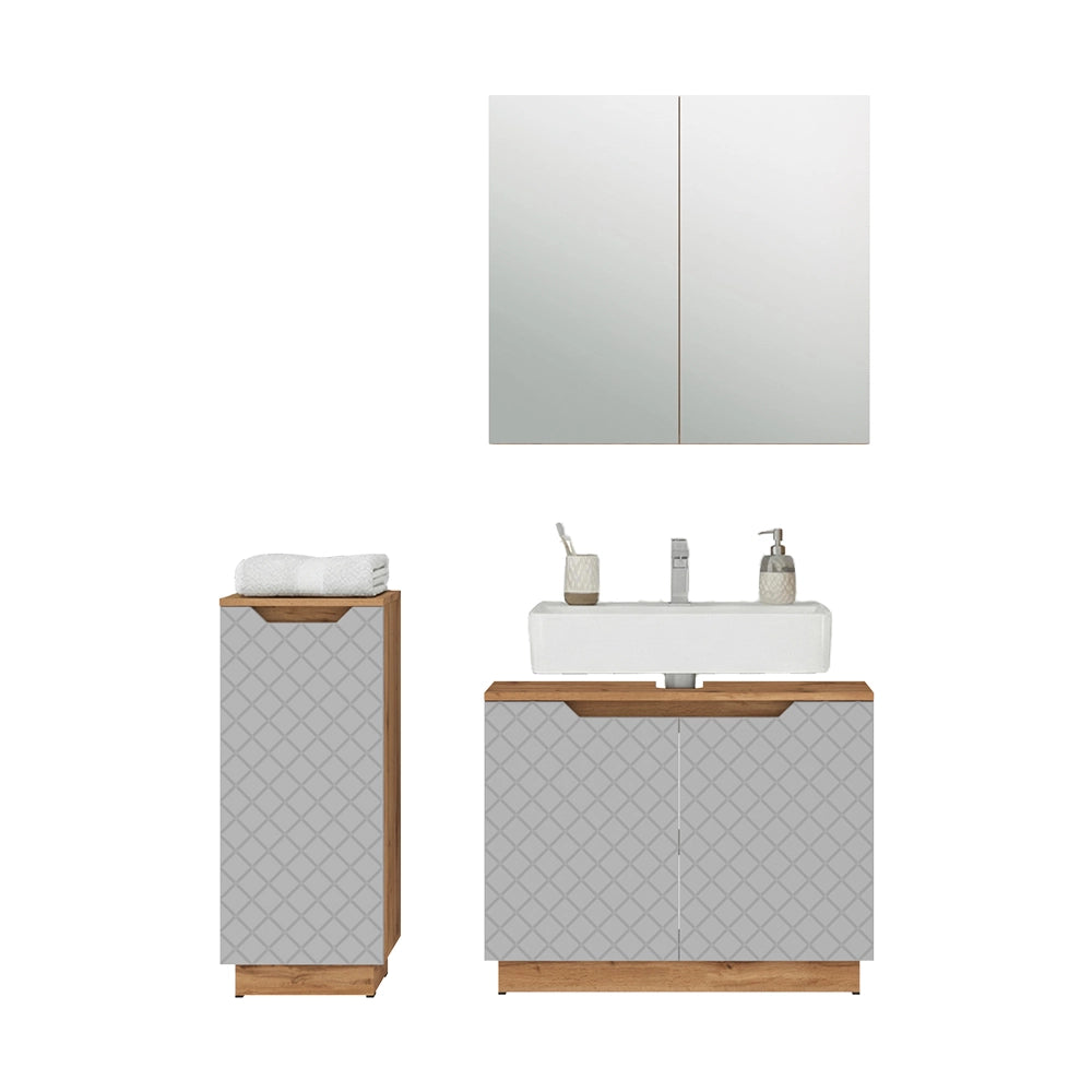 Vicco Set di mobili da bagno Rovere/grigio con struttura in piastrelle 3 parti