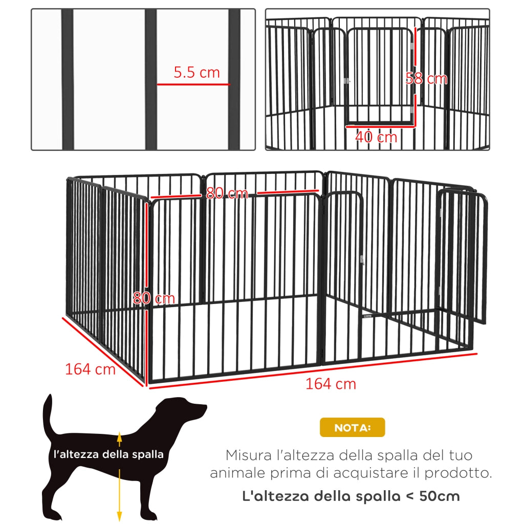Recinto per Cani Modulabile 8 Pannelli ¨C Zephmum ¨C Acciaio Nero 164x164x80 cm
