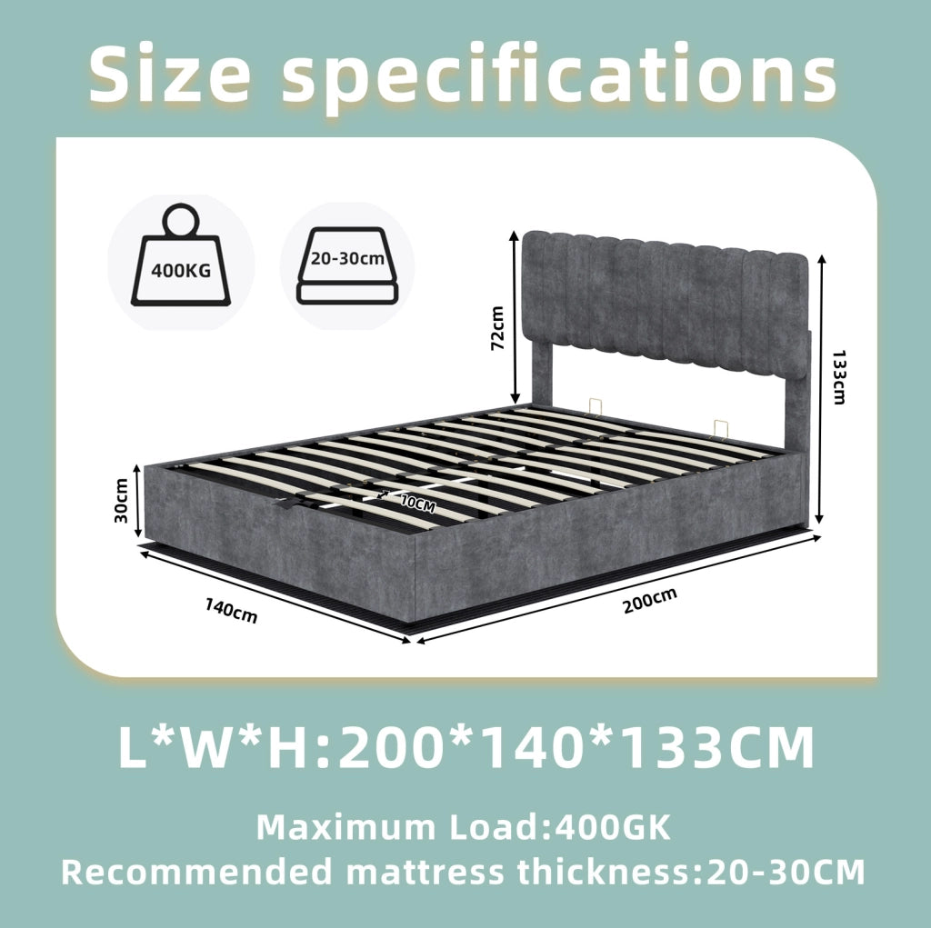 Letto 140x200 cm grigio con testiera alta; tessuto e metallo