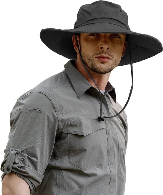Cappello da Sole Nero con Altezza di Bordo per Uomini - Protezione UV - Cappello da Safari e da Pesca - Cappello da Estate con Altezza di Bordo - Unico Modello - Ideale per Attività Outdoor