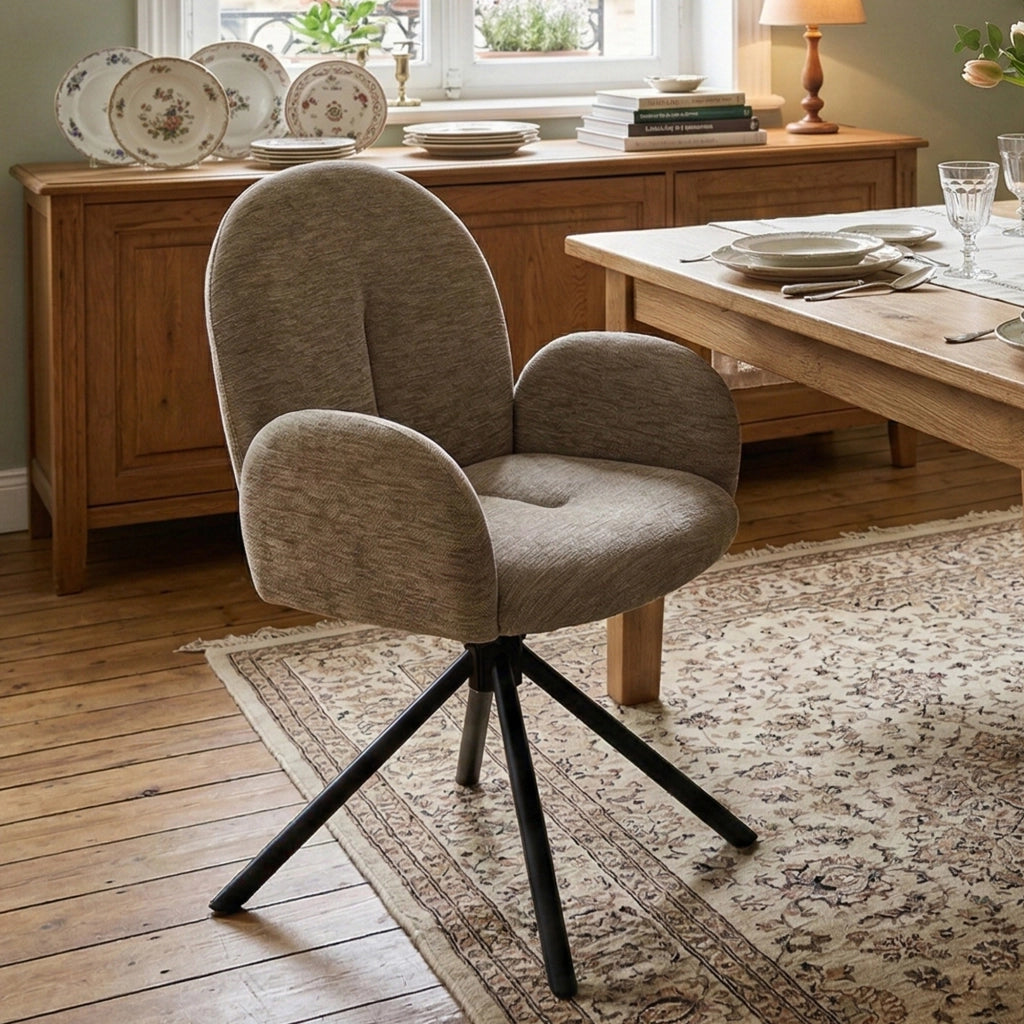 Sedie girevoli da pranzo set da 2 con braccioli e schienale in ciniglia taupe e metallo nero 60 × 57 × 60 cm