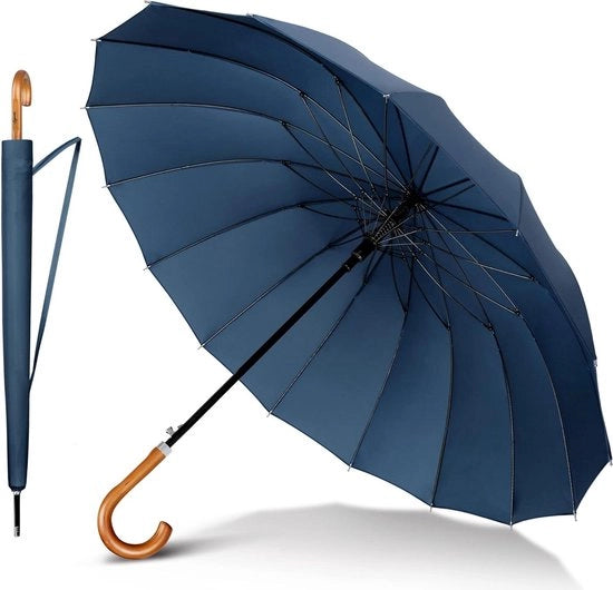 Parasole da vento resistente con 16 nervature e manico in legno nero - Parasole da uomo e donna di alta qualità.