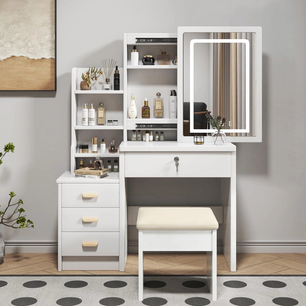 Tavolo da toeletta con specchio illuminato; sgabello imbottito; luce regolabile 3 colori; 4 cassetti; Bianco; B85×H130×P36cm
