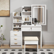Tavolo da toeletta con specchio illuminato; sgabello imbottito; luce regolabile 3 colori; 4 cassetti; Bianco; B85×H130×P36cm
