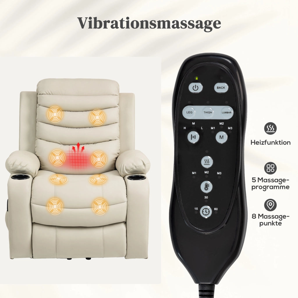 Poltrona Relax Elettrica con Alzapersona, Massaggio, Riscaldamento, USB ¨C zephmum ¨C Creme, Pelle