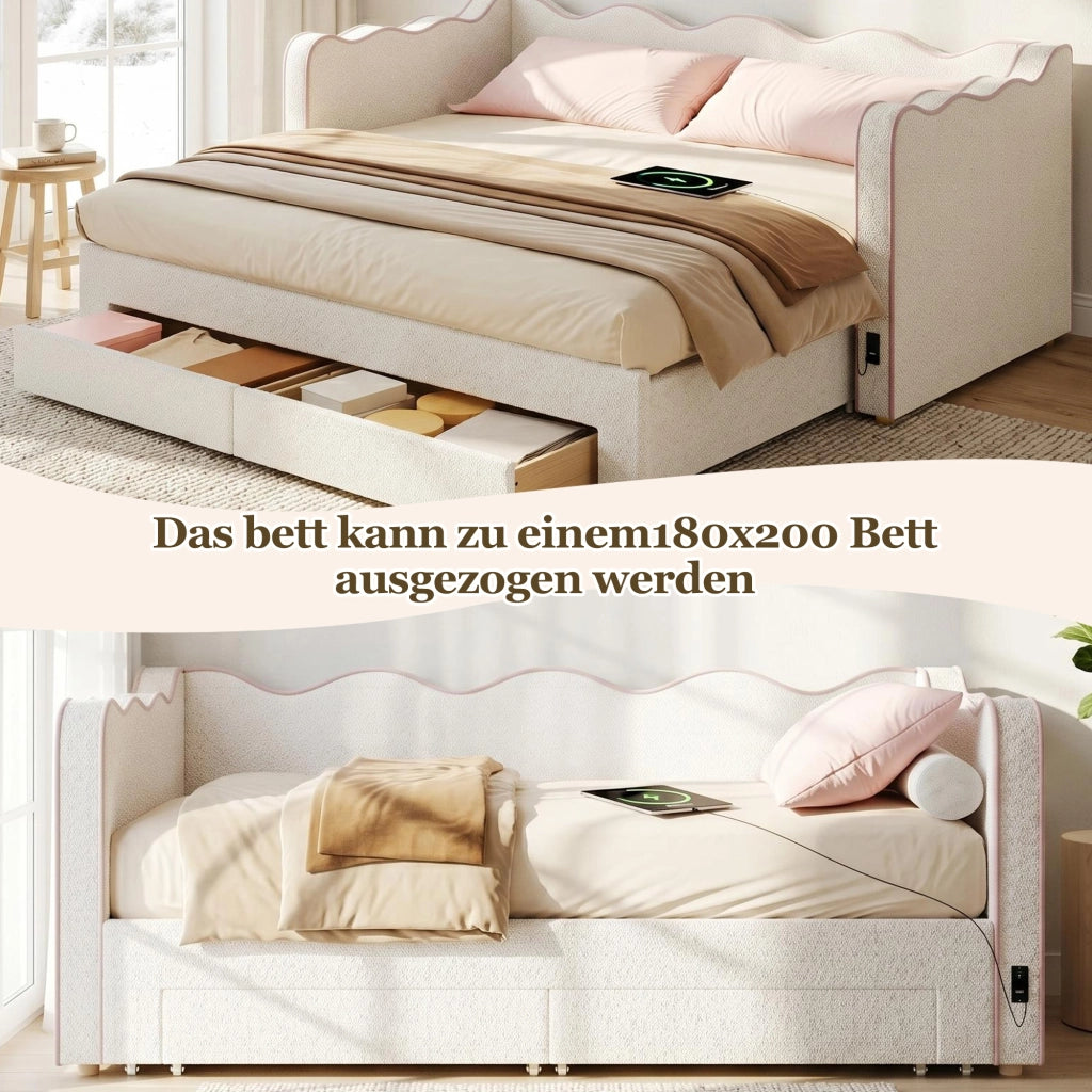 DESMIU Divano letto 90 × 200 cm con cassetti, USB e Type-C, estensibile a 180 × 200 cm, senza materasso, beige