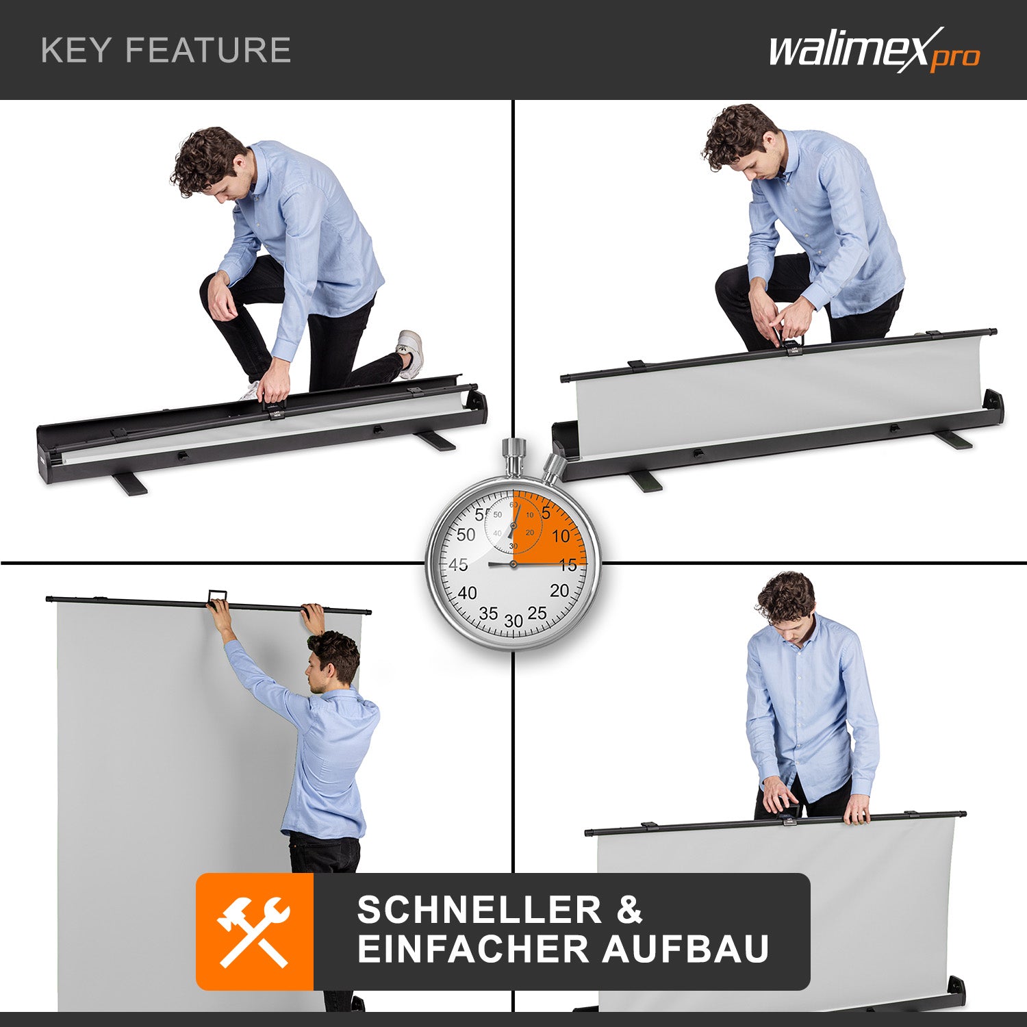 Fondale fotografico roll-up grigio 155x200, sfondo portatile con scatola di trasporto per fotoshooting, sistema autoportante, telo ingualcibile per studio fotografico