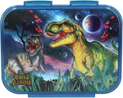 Lunchbox in blu scuro con motivo di dinosauro e design spaziale, 3 contenitori e coperchio trasparente