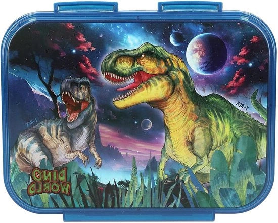 Lunchbox in blu scuro con motivo di dinosauro e design spaziale, 3 contenitori e coperchio trasparente