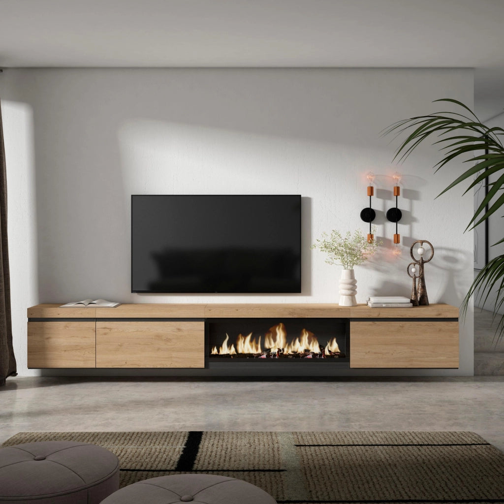 Mobile TV Soggiorno, 317x35x45cm, Camino elettrico XXL, da appendere, colore Rovere RF3677