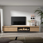 Mobile TV Soggiorno, 317x35x45cm, Camino elettrico XXL, da appendere, colore Rovere RF3677