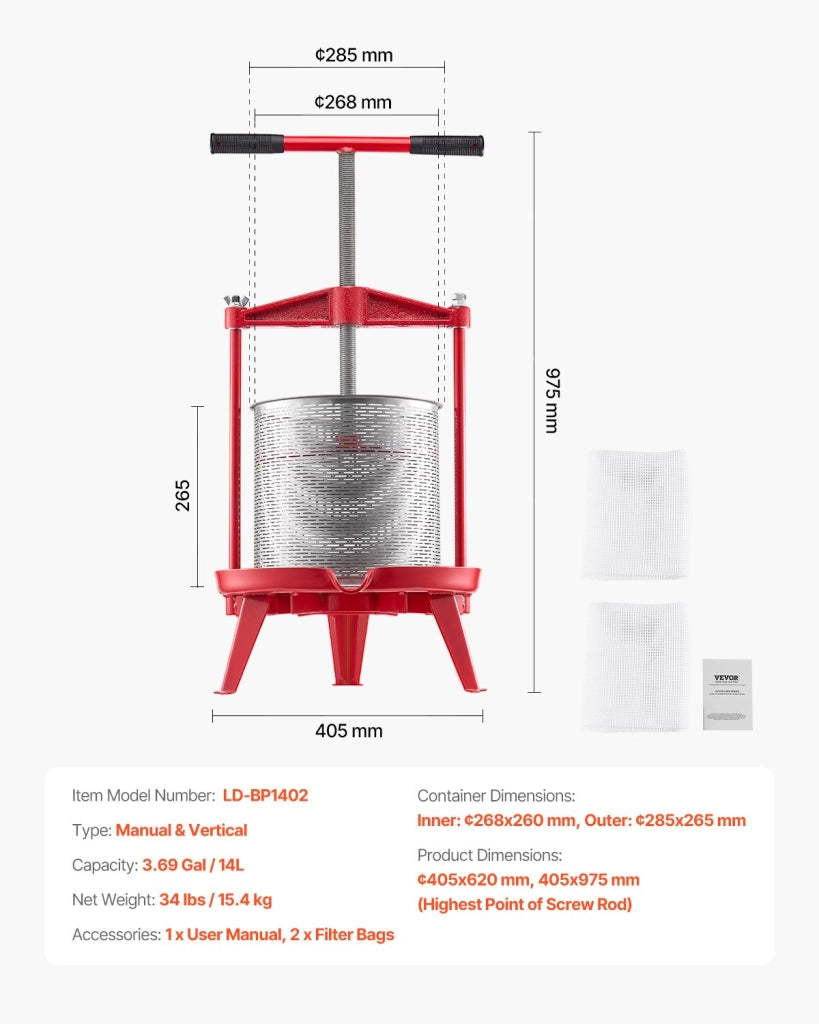 Pressa Manuale per Frutta e Vino 14L LD-BP1402 Cesto in Acciaio Inox Torchio Verticale Robusto e Pratico per Uva e Sidro