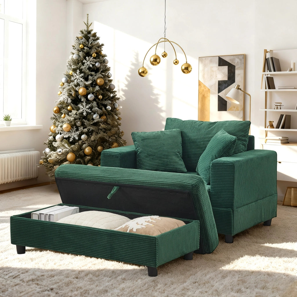 Divano chaise longue con poggiapiedi e vano contenitore, 3 cuscini, per soggiorno e camera, verde smeraldo