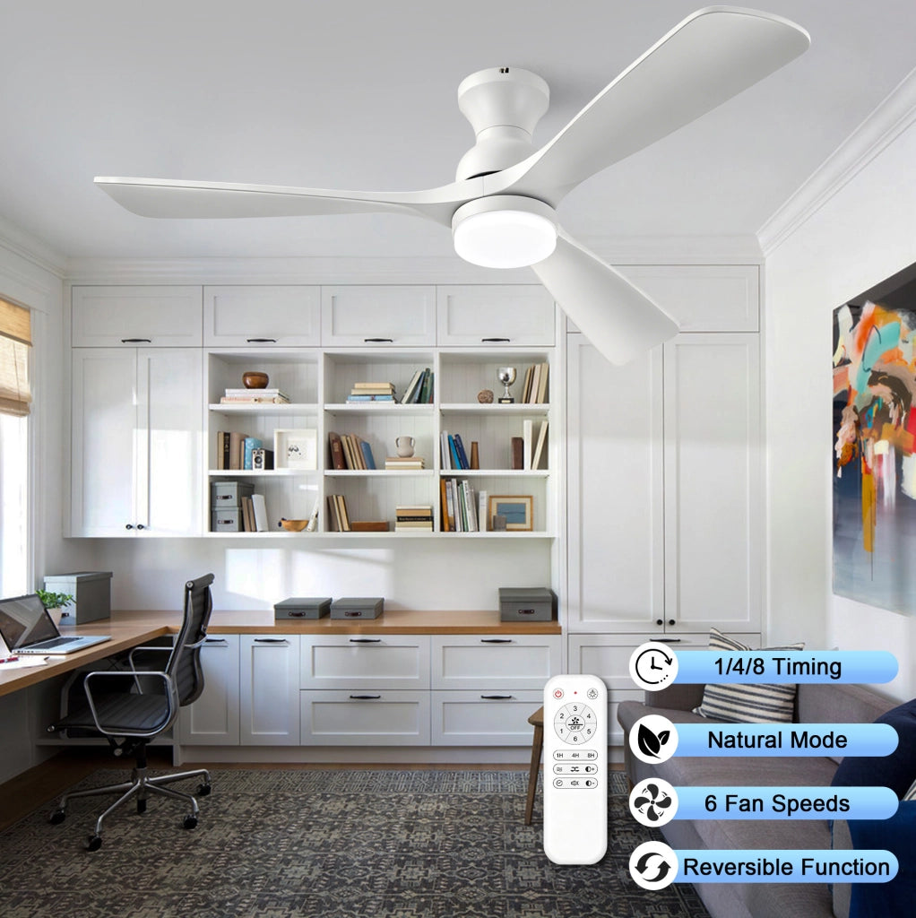 Ventilatore da soffitto bianco 52 pollici con luce LED; 3 pale in legno; telecomando