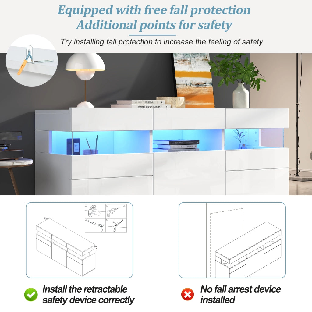 Credenza con LED e 3 ante, 7 vani e vano semiaperto, frontale lucido, per soggiorno, bianca, 140 × 40,5 × 66,5 cm