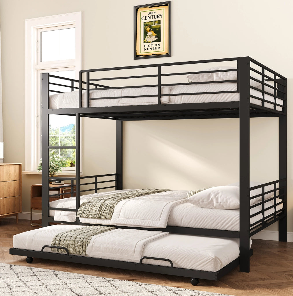 Letto a castello in metallo con letto estraibile; 3 posti letto; 140 × 200 cm; nero