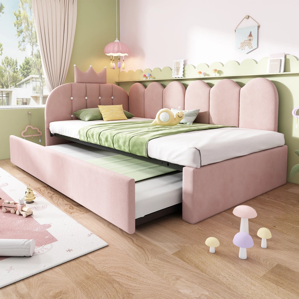 Letto daybed con letto estraibile 90x200 cm in velluto rosa, design corona, per cameretta e ospiti
