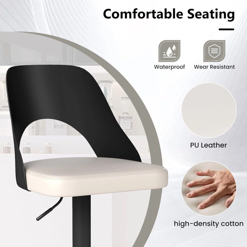 Set di 2 Sedie da Bar, Sedie Ergonomiche senza Braccioli ad Altezza Regolabile con Poggiapiedi, Base in Metallo, Anello di Gomma Antiscivolo, Schienale Avvolgente (Bianco+Nero)