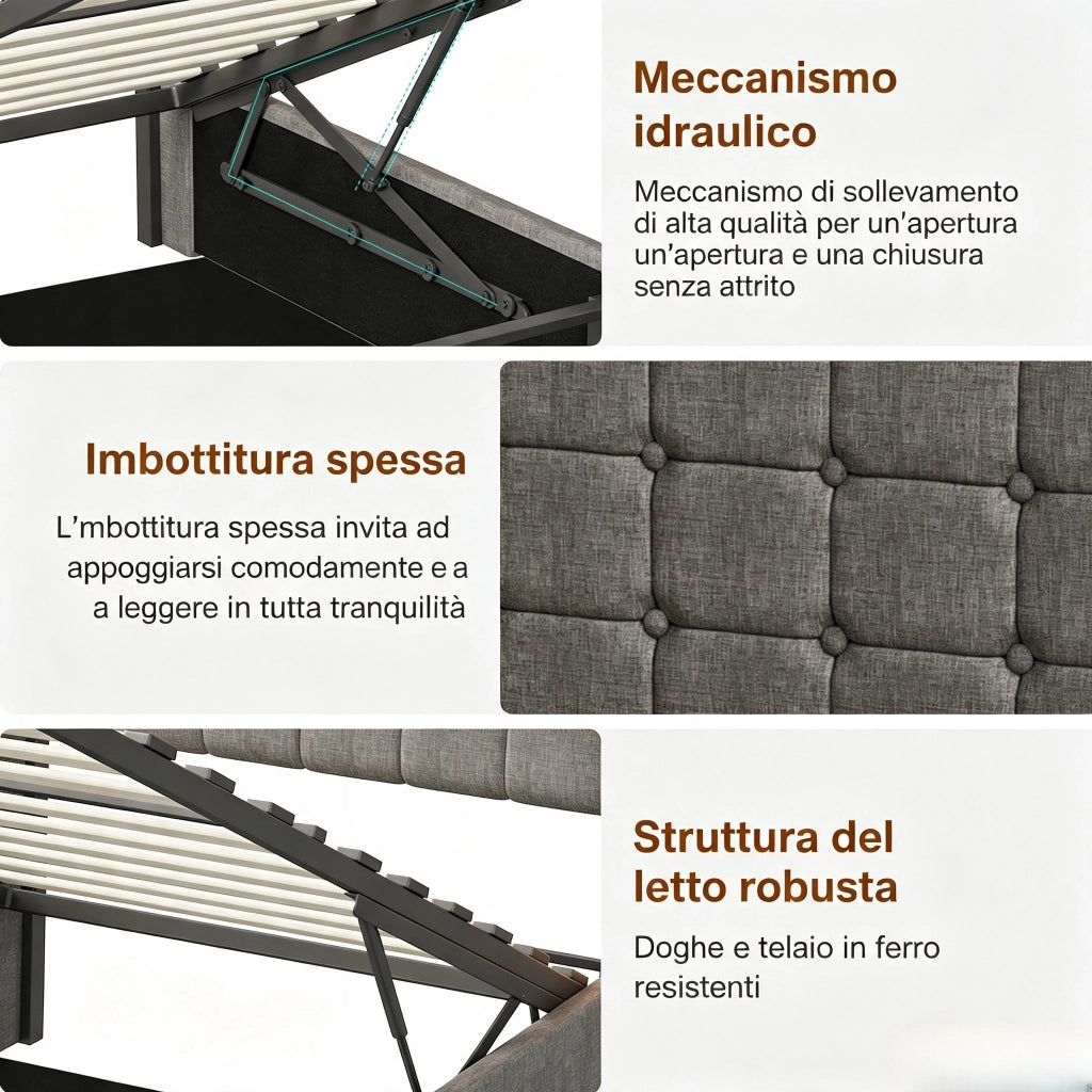 Letto singolo 90x200 cm con contenitore e LED  struttura letto con testiera e USB  letto contenitore in acciaio-grigio