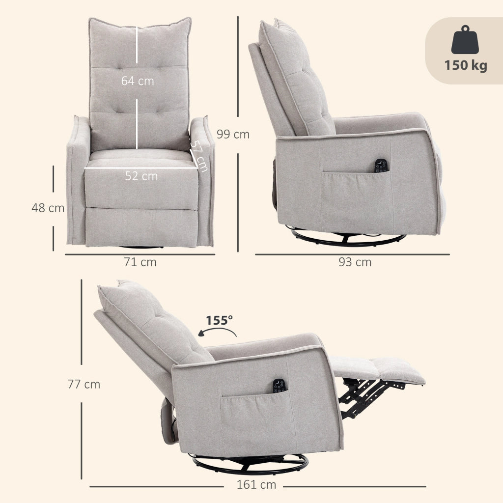 Poltrona Relax Massaggiante  71x93x99 cm Reclinabile con Telecomando e Poggiapiedi in Ciniglia Grigio Chiaro