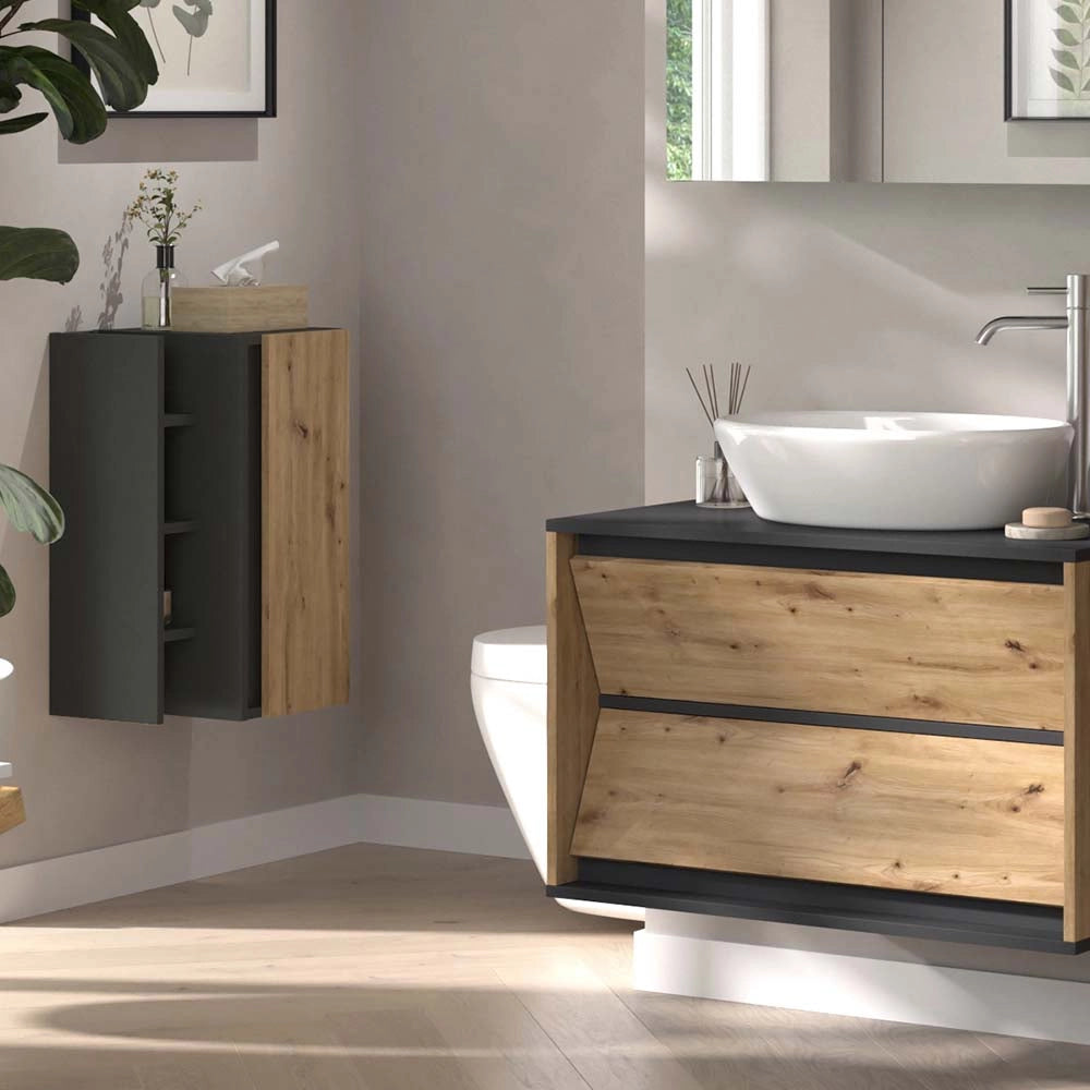 Mobiletto bagno Edelin Antracite/Rovere artigianale 35 x 60 cm con 3 vani portaoggetti Vicco