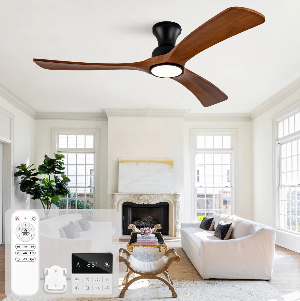 Ventilatore da soffitto con luce LED; 52 pollici; 3 pale in legno noce scuro; nero