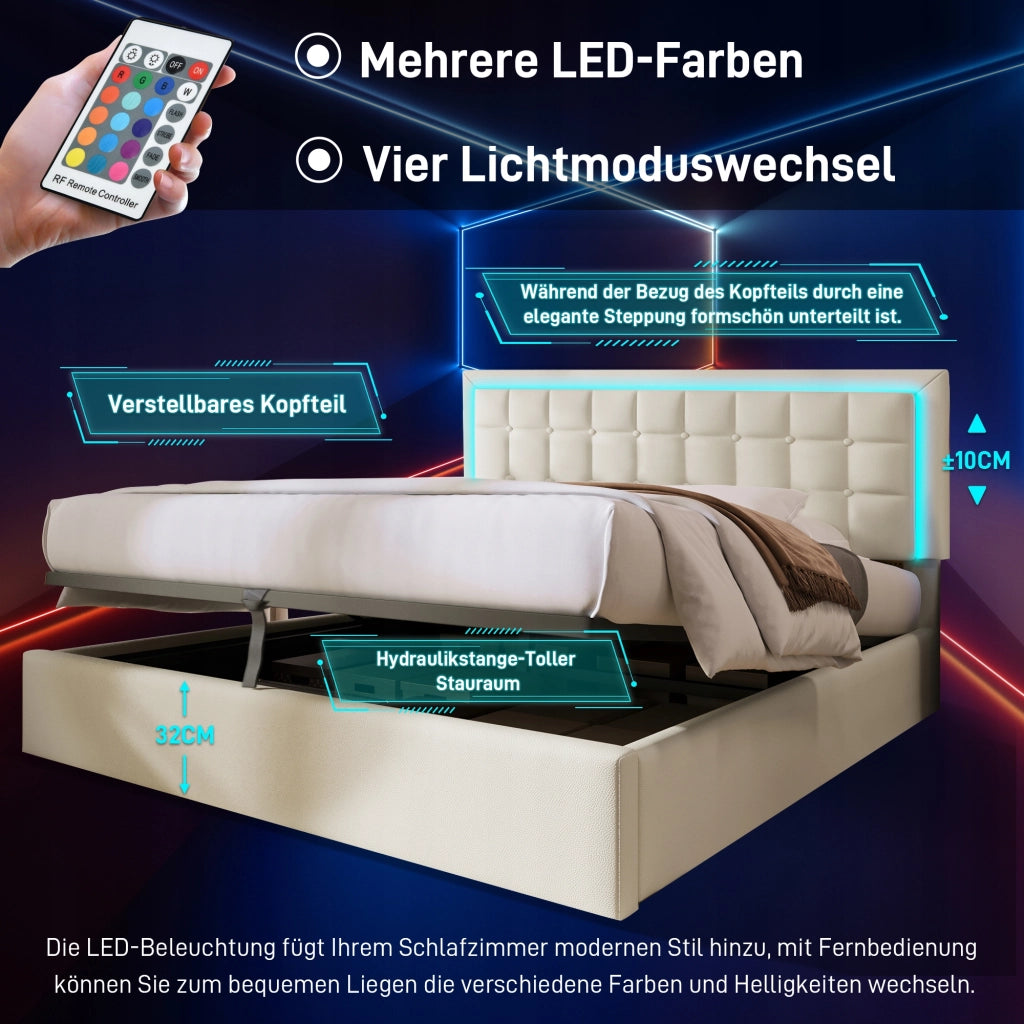 Letto imbottito con illuminazione LED - Xylo - 160x200 - Pelle sintetica bianca