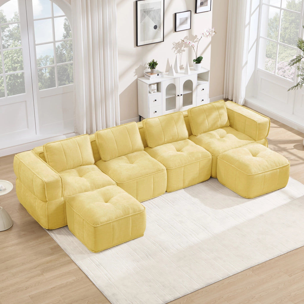 Divano modulare U 4 posti senza struttura con 2 pouf schiuma 32D antiscivolo in poliestere giallo 344 × 162 × 67 cm