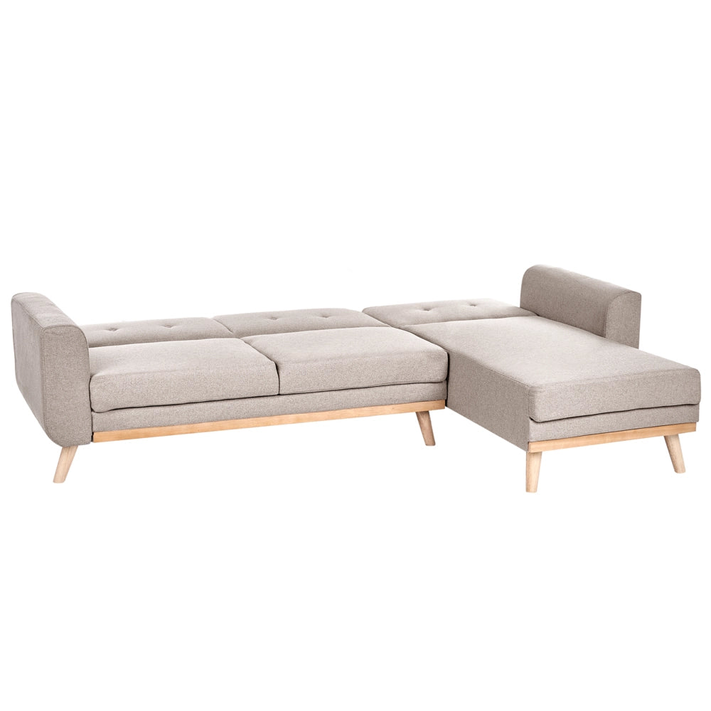 Divano Angolare ad Angolo Sinistro Beige in Tessuto Imbottito a L con Seduta Trapuntata Cuscini Decorativi e Funzione Letto