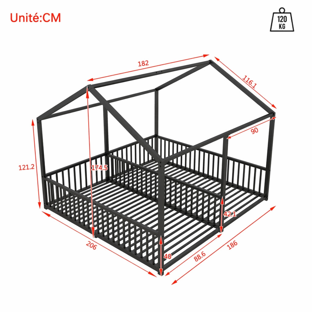 DESMIU Letto a castello 2 posti con sponde, scala e struttura a casetta, 90 × 200 cm, senza materasso, nero