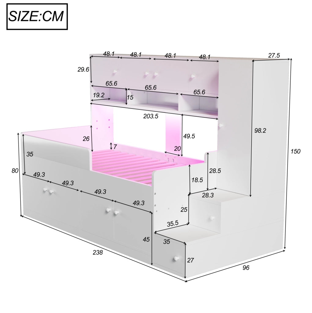 Letto per bambini 90x200 cm con contenitore; scala e LED; legno; bianco