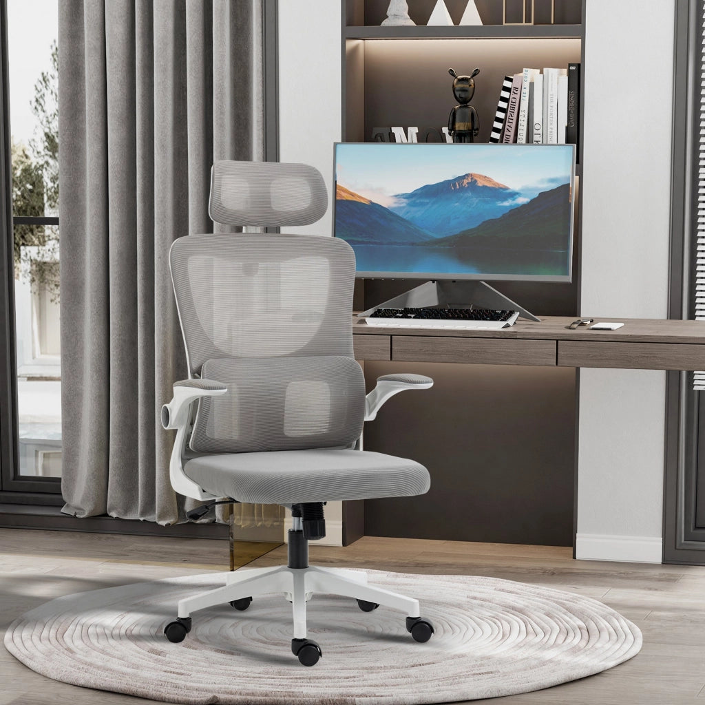 Sedia da Ufficio Direzionale 60x59x114-122 cm con Poggiatesta in Poliestere Grigio