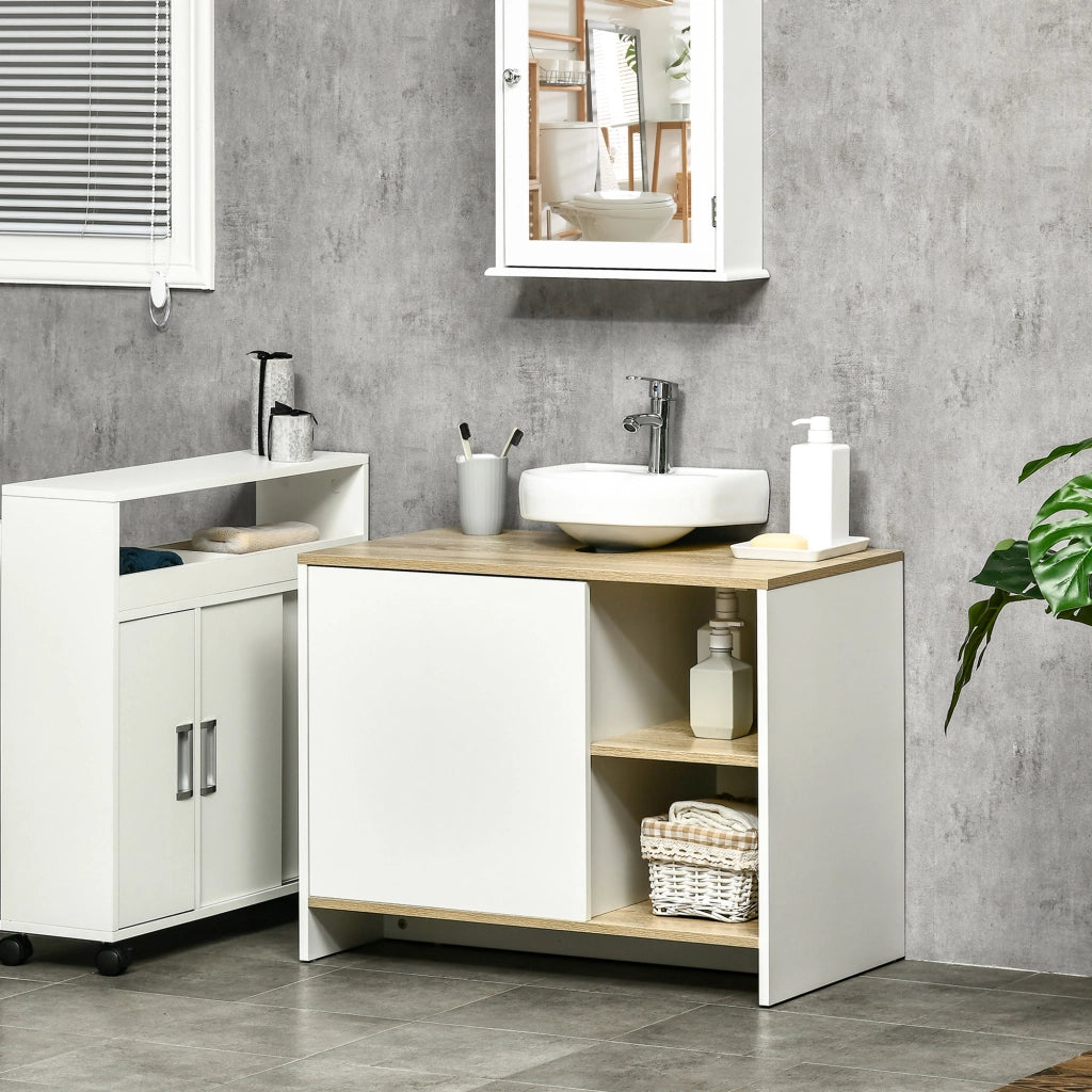 Mobile Bagno Sottolavabo con Armadietto e 2 Mensole in Legno, 77x45x60 cm, Bianco e Legno
