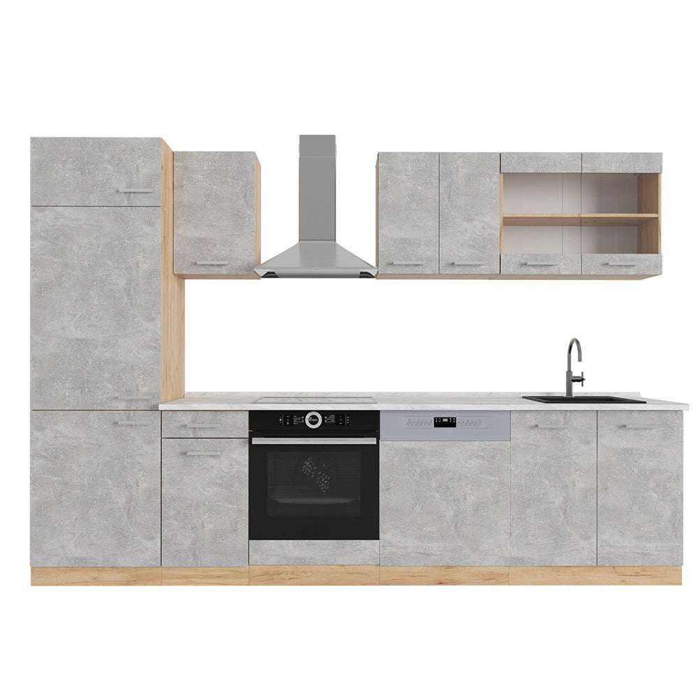 Cucina componibile R-Line Calcestruzzo/Rovere dorato 300 cm, PL Marmo Vicco