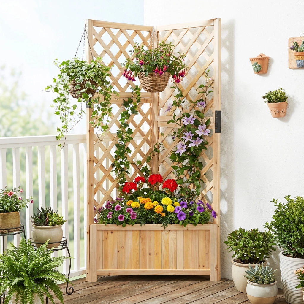 Letto da giardino rialzato ad angolo con traliccio e fori di drenaggio, Fioriera in legno per fiori verdure interno ed esterno Naturale