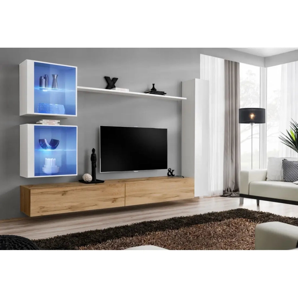 Mobile da salotto murale SWITCH XVIII design, colore rovere Wotan e bianco lucido.