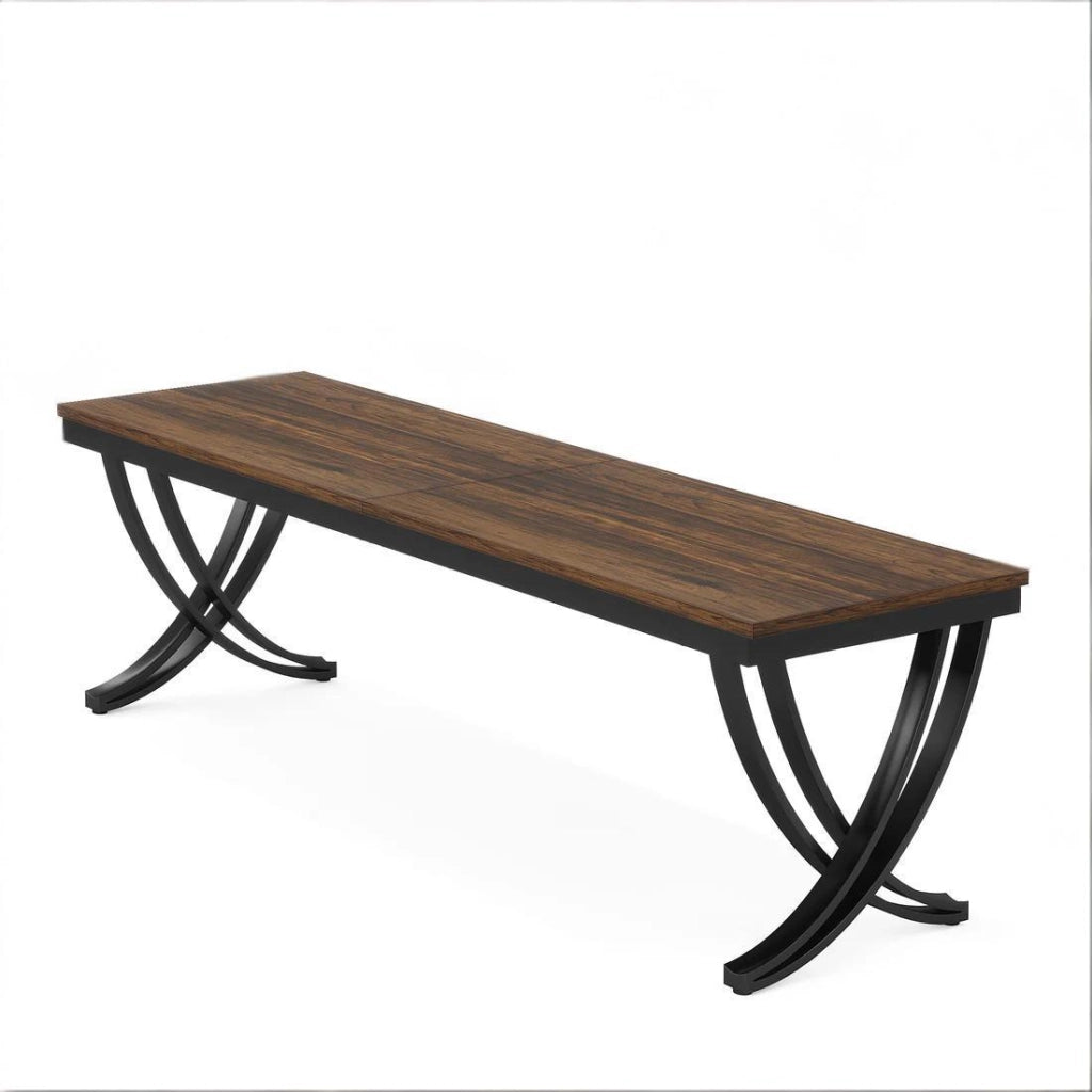 Scrivania doppia 200 x 70 cm con struttura in metallo, piano in legno, colore nero e marrone rustico