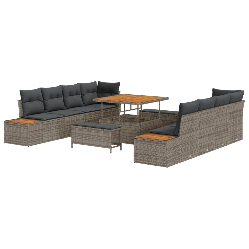 Set di divani da giardino da 11 pezzi con cuscini Grigio Poly Rattan Acacia