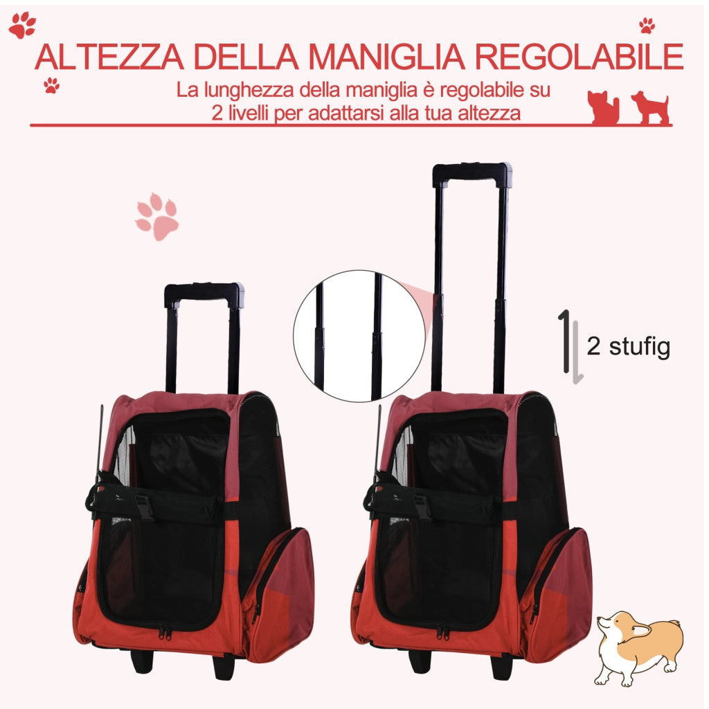 Trasportino Zaino 2 in 1 per Cani e Gatti con Tasche e Ruote ¨C zephmum ¨C 42x25x55cm Rosso