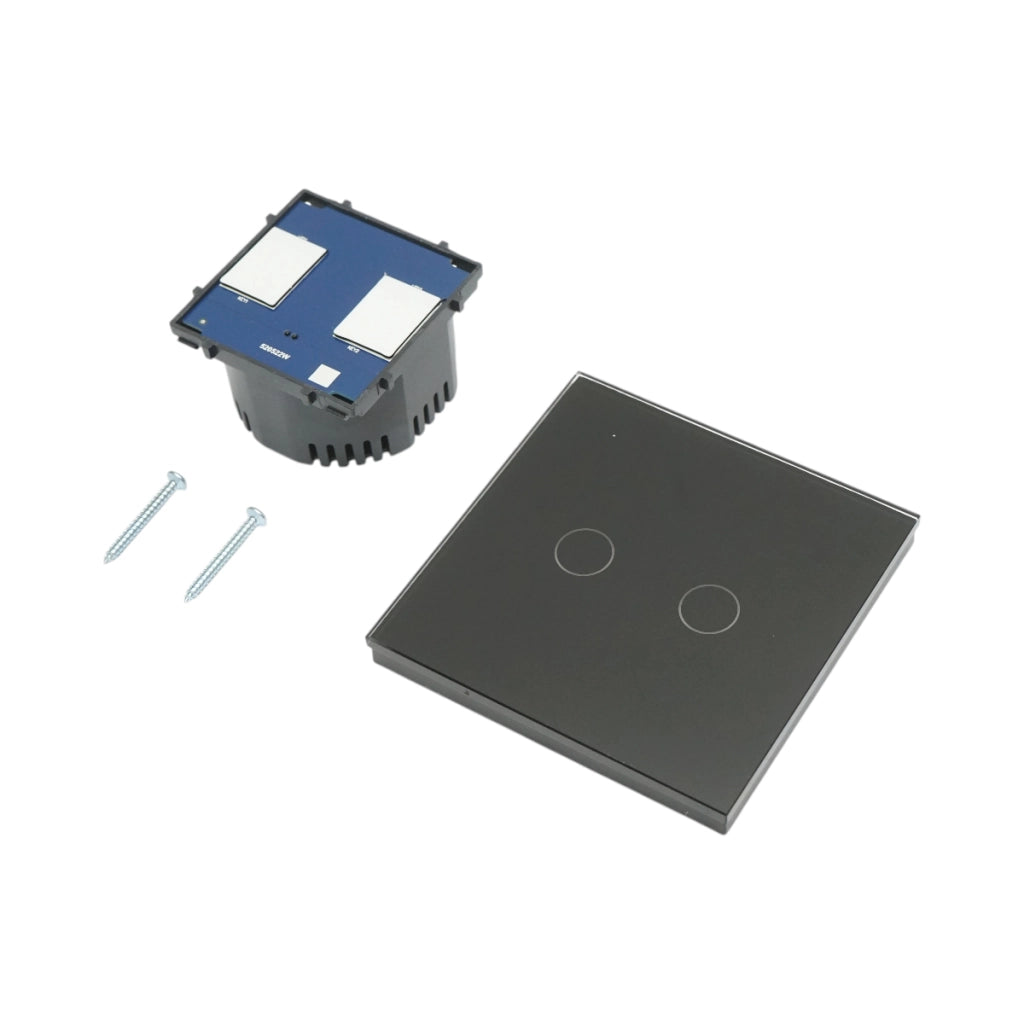 Interruttore doppio touch nero 220V, spia luminosa, cornice in vetro 86x86x34mm