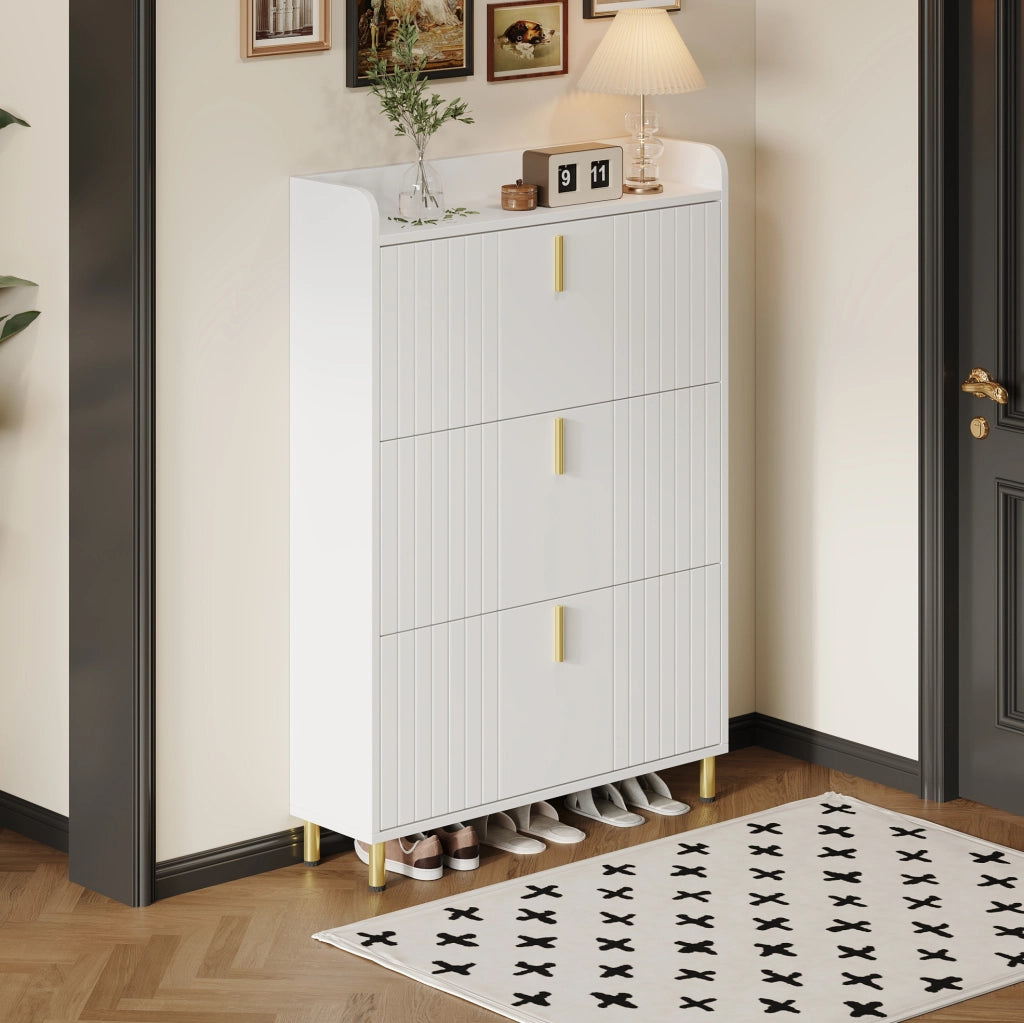 Mobile portascarpe a 3 ribalte 80x23x123;5 cm in MDF bianco con dettagli dorati
