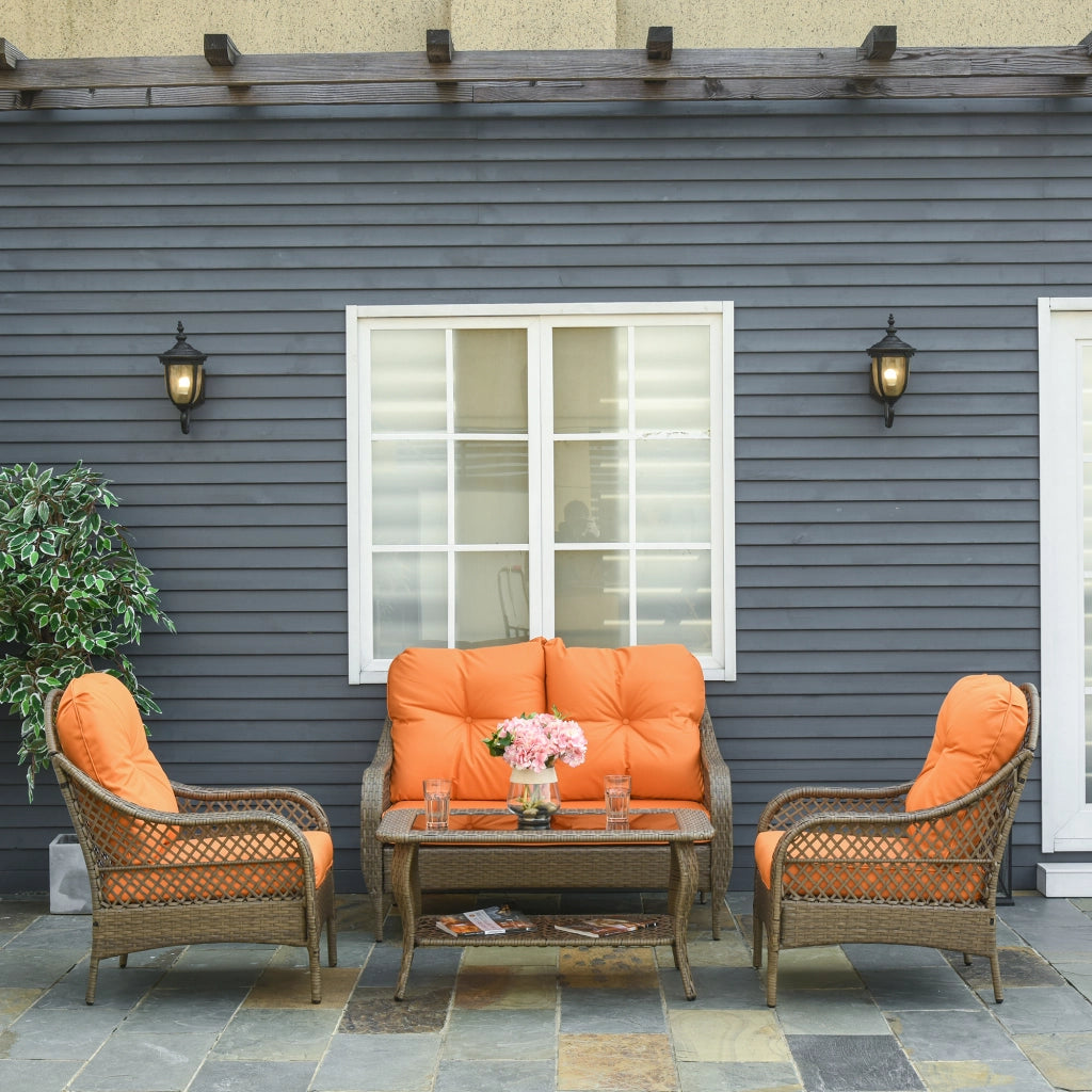Easycomfort Set Mobili da Giardino in Rattan PE con 2 Poltrone Divano a 2 Posti e Tavolo e Cuscini, Colore Khaki e Arancione