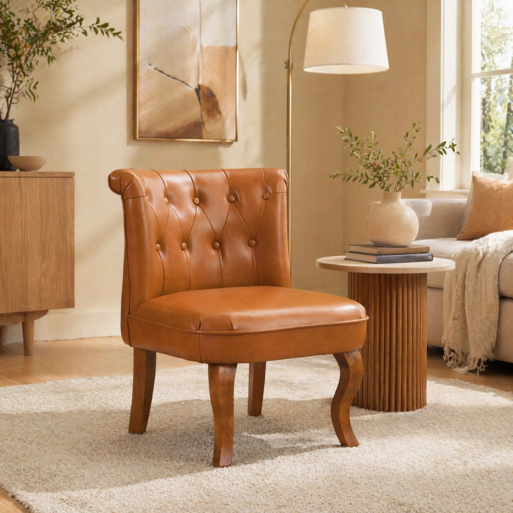SEDIA Singola in pelle marrone chiaro 64.0x59.0x50.0 cm con gambe in legno