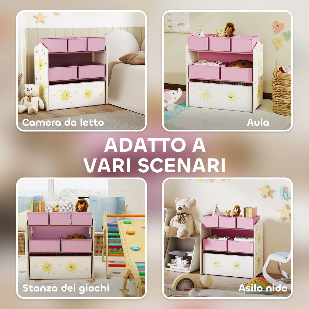 Scaffale Portagiochi 63x30x66 cm a 3 Livelli 6 Cesti in Tessuto Non Tessuto Rosa