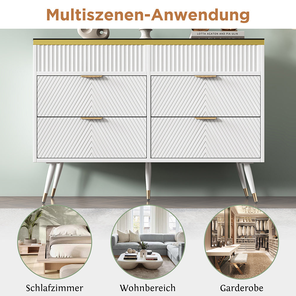 Buffet con maniglie in metallo - Xylo - 6 cassetti e 2 scompartimenti, facciate in vetro ambra, design a strisce irregolari, bianco