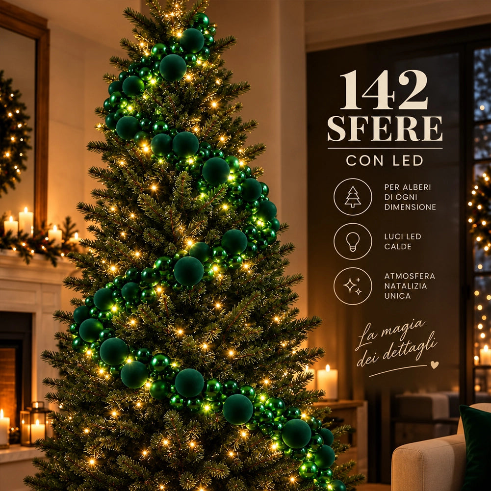 Ghirlanda Natalizia Festone 180cm 142 Sfere e Led Addobbo Lucido e Velluto Verde