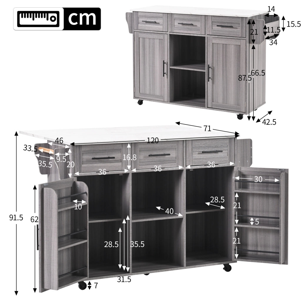 Carrello da cucina con piano ribaltabile 139x46(71)x91;5 cm; grigio e bianco