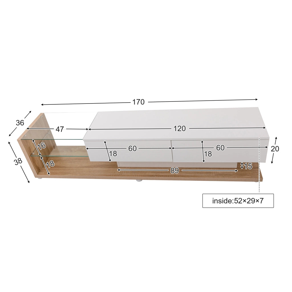 Mobile TV con 2 Cassetti e 2 Ripiani in Vetro con LED regolabile tramite app per Soggiorno in Truciolare Bianco 170 × 36 × 38 cm